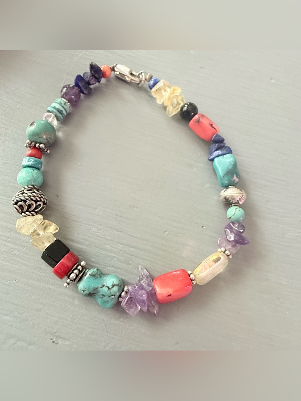 925 Sterling Silver Beaded Stones Bracelet